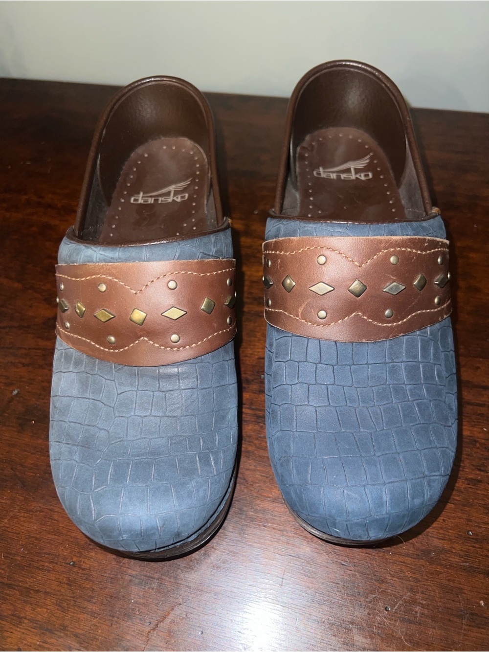 Dansko Men's Blue Croc-Embossed Slip-On Clogs with Brown Studded Strap